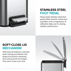 1.3 Gallon / 5 Liter Step Pedal Bathroom Trash Can in Matte Black with Removable Inner Bucket and Soft Close Lid