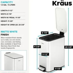 1.3 Gallon / 5 Liter Step Pedal Bathroom Trash Can in Matte White with Removable Inner Bucket and Soft Close Lid