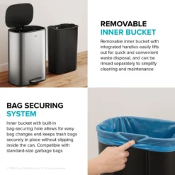 13.2 Gallon / 50 Liter Step Pedal Kitchen Trash Can in Matte Black with Removable Inner Bucket and Soft Close Lid