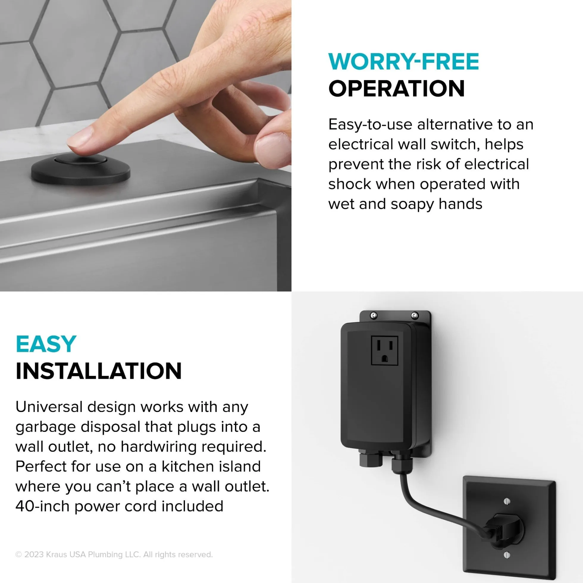 Garbage Disposal Air Switch Kit in Matte Black with Push Button, AC Adapter, Power Cord, and Air Tube Included