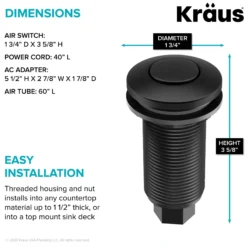 Garbage Disposal Air Switch Kit in Matte Black with Push Button, AC Adapter, Power Cord, and Air Tube Included