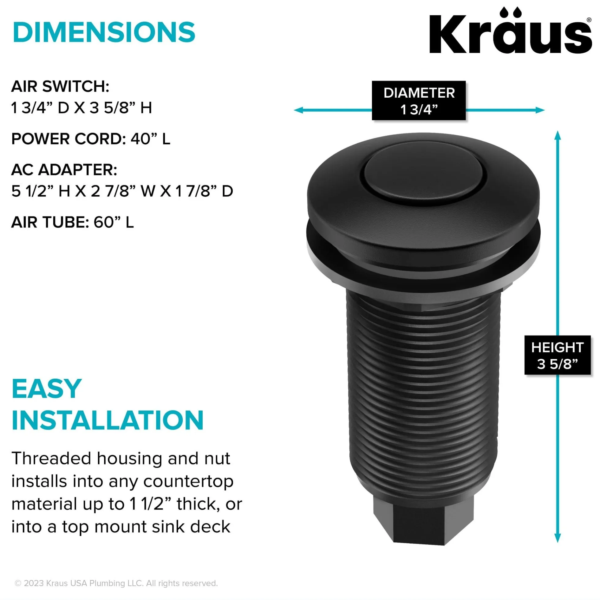Garbage Disposal Air Switch Kit in Matte Black with Push Button, AC Adapter, Power Cord, and Air Tube Included