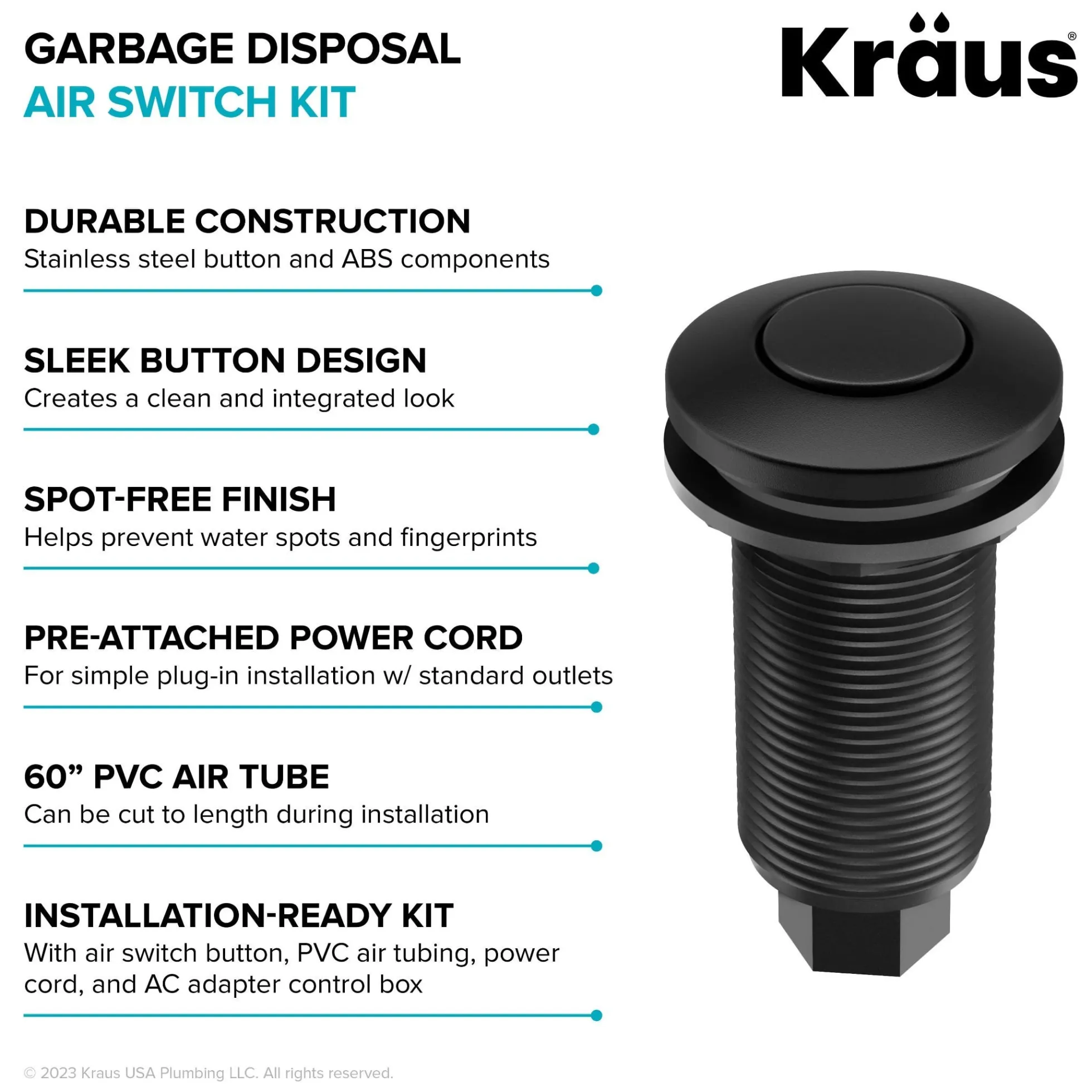 Garbage Disposal Air Switch Kit in Matte Black with Push Button, AC Adapter, Power Cord, and Air Tube Included
