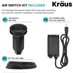 Garbage Disposal Air Switch Kit in Matte Black with Push Button, AC Adapter, Power Cord, and Air Tube Included