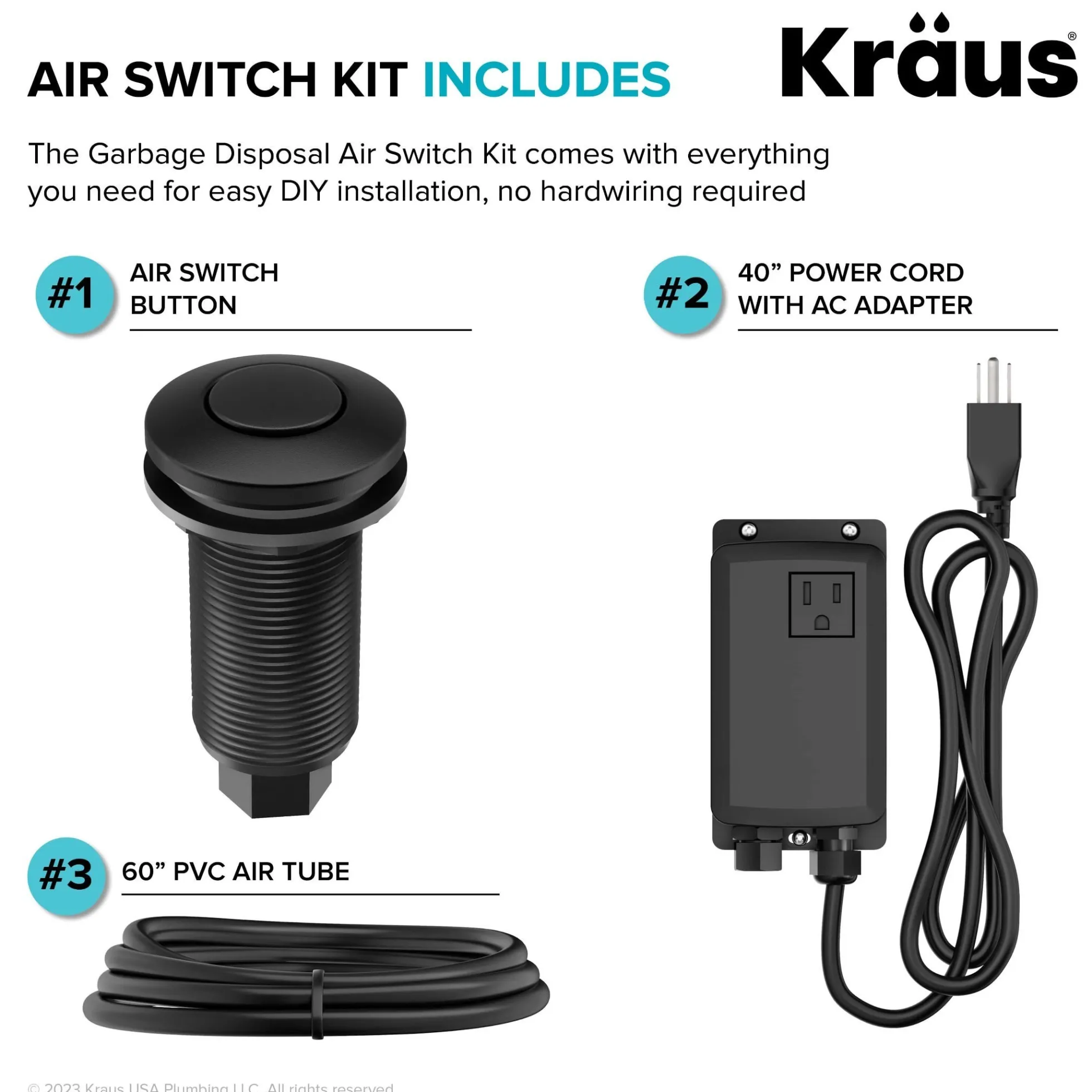 Garbage Disposal Air Switch Kit in Matte Black with Push Button, AC Adapter, Power Cord, and Air Tube Included