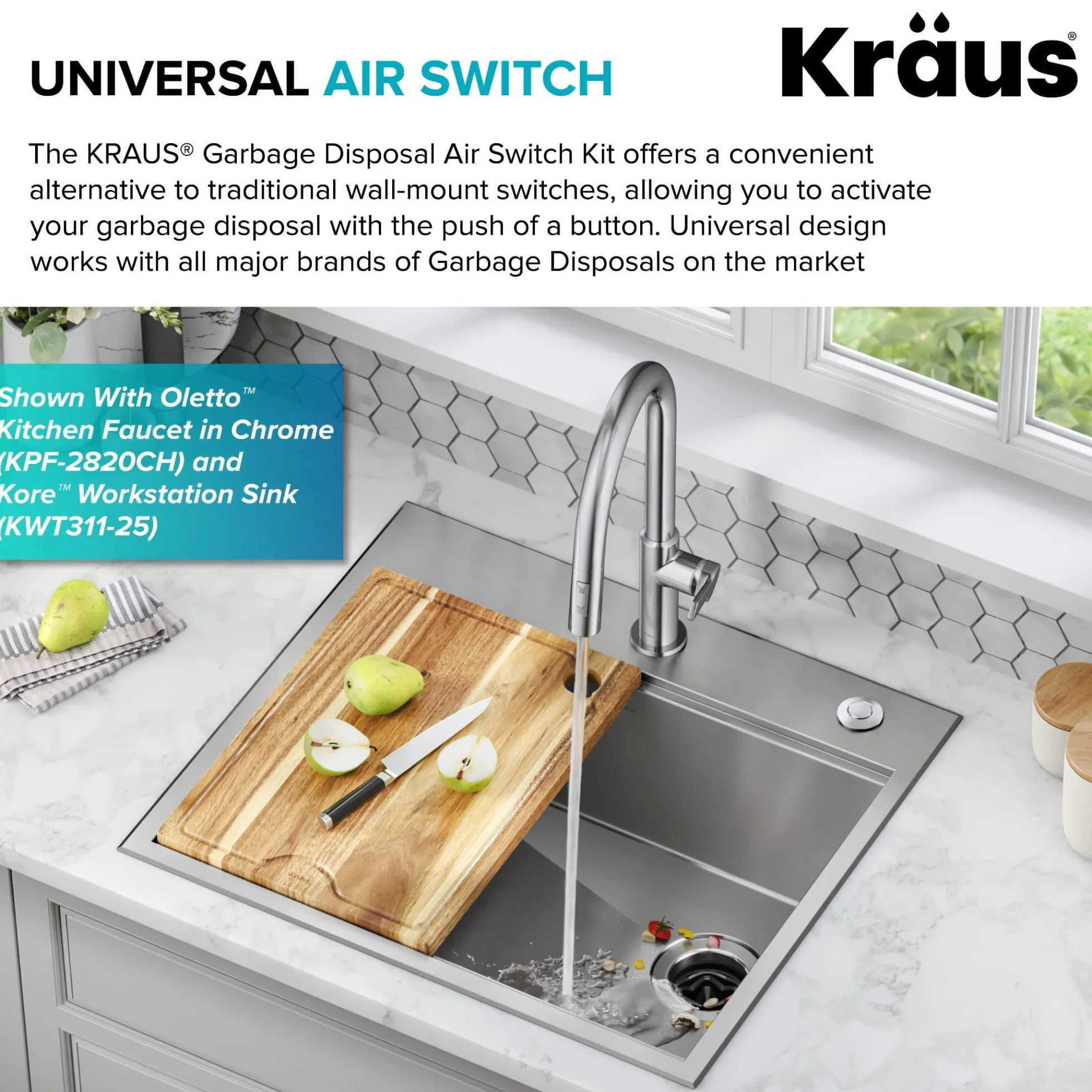 Garbage Disposal Air Switch Kit in Matte Black with Push Button, AC Adapter, Power Cord, and Air Tube Included