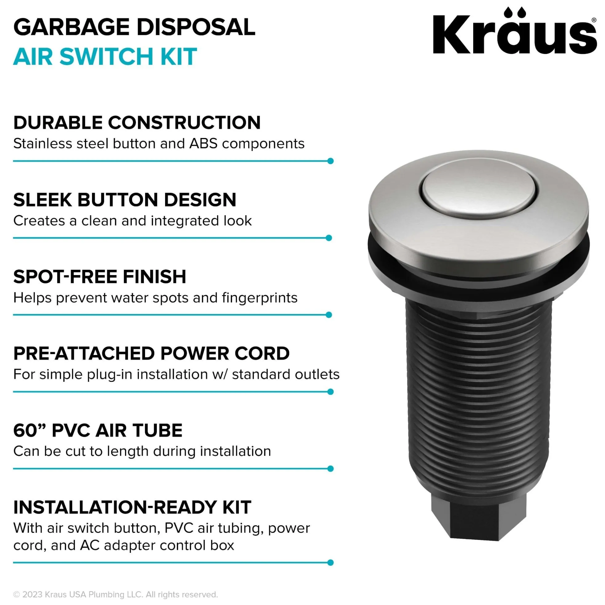 Garbage Disposal Air Switch Kitin Spot-Free Stainless Steel with Push Button, AC Adapter, Power Cord, and Air Tube Included