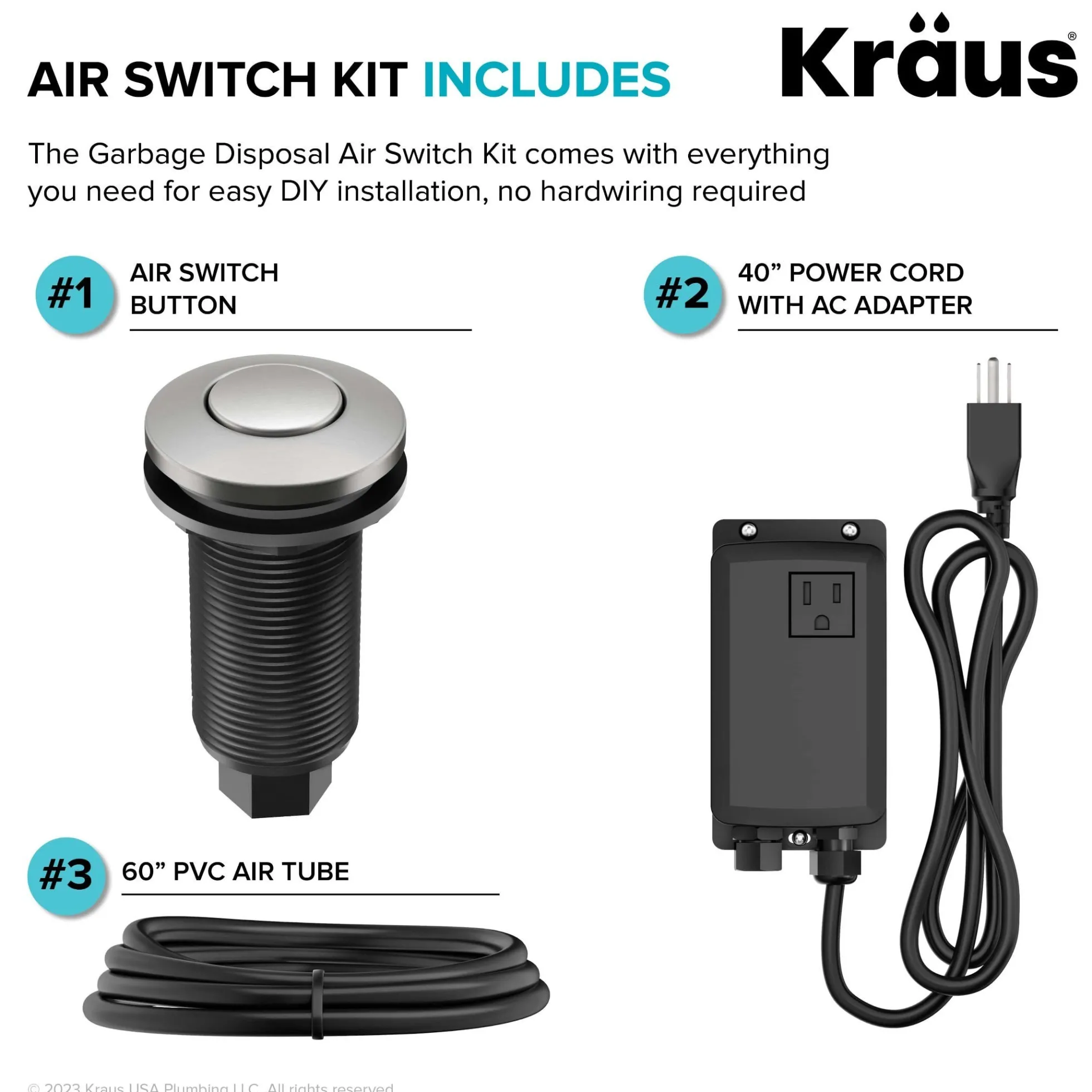 Garbage Disposal Air Switch Kitin Spot-Free Stainless Steel with Push Button, AC Adapter, Power Cord, and Air Tube Included
