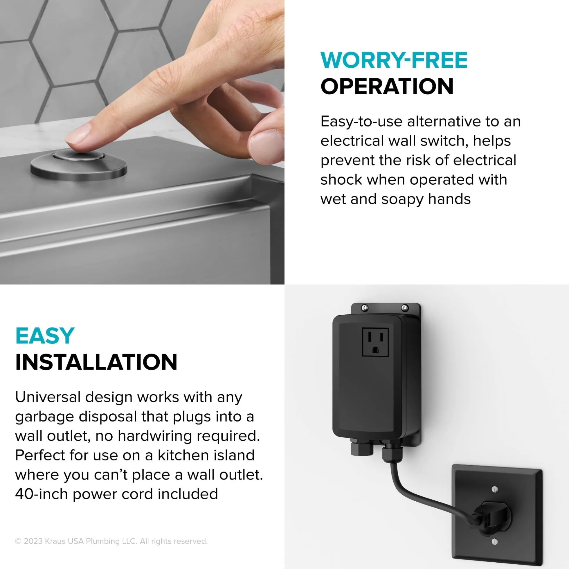 Garbage Disposal Air Switch Kitin Spot-Free Stainless Steel with Push Button, AC Adapter, Power Cord, and Air Tube Included