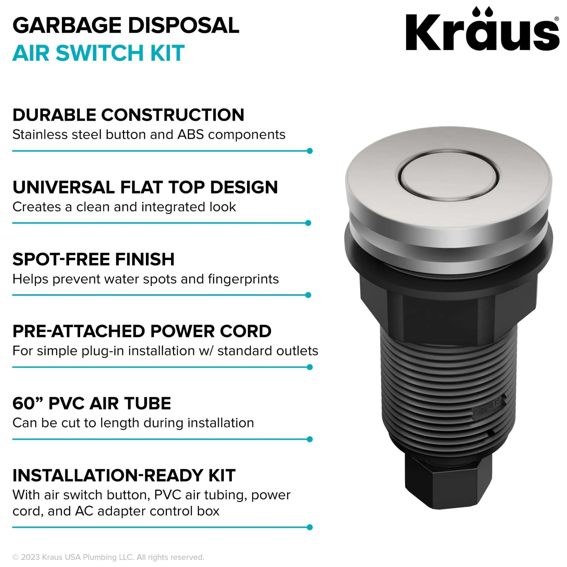 Garbage Disposal Air Switch Kit in Spot-Free Stainless Steel with Push Button, AC Adapter, Power Cord, and Air Tube Included