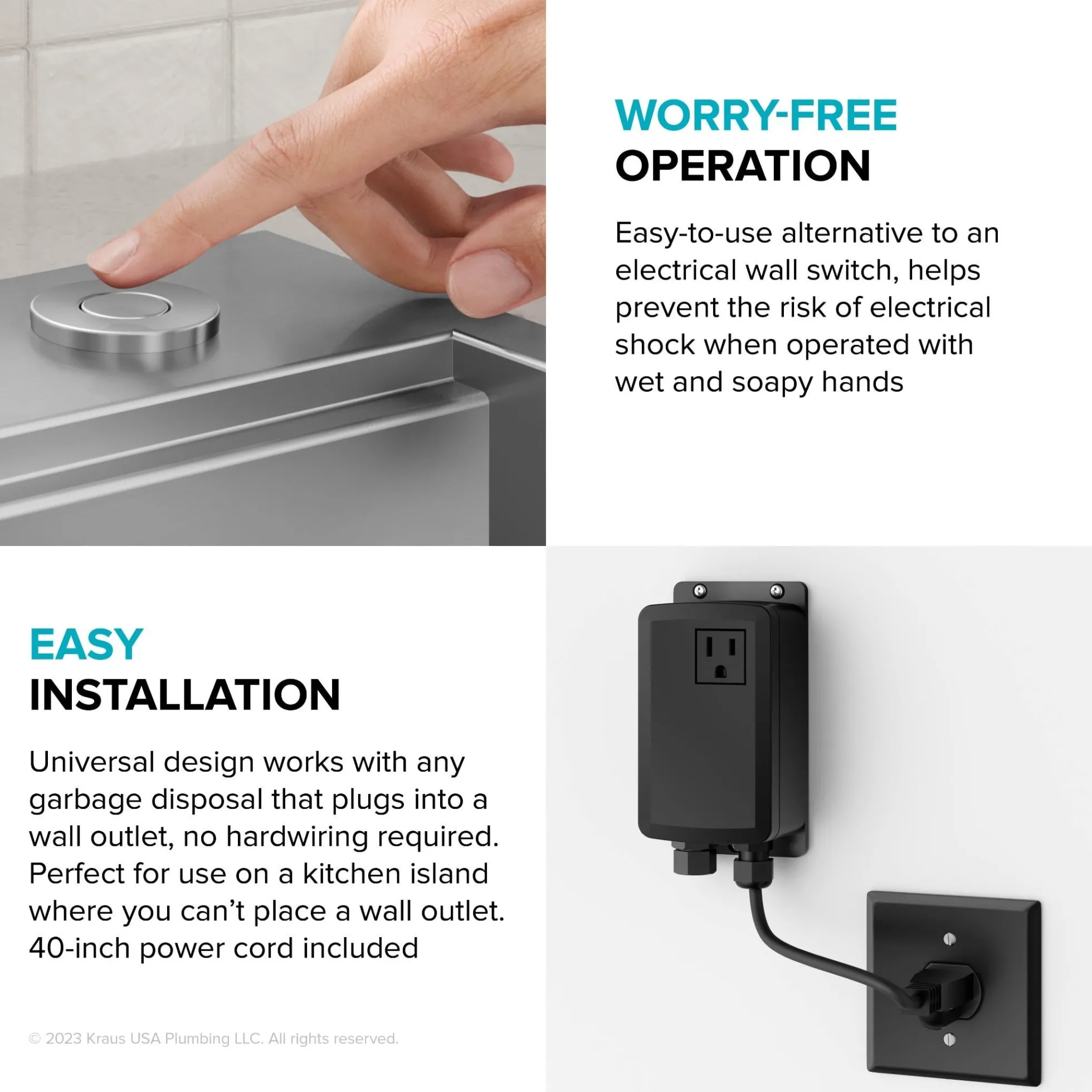 Garbage Disposal Air Switch Kit in Spot-Free Stainless Steel with Push Button, AC Adapter, Power Cord, and Air Tube Included