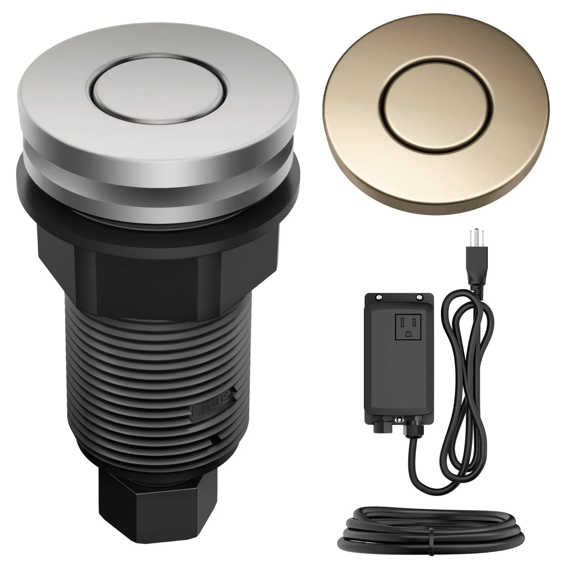 Garbage Disposal Air Switch Kit with 2 Flat-Top Push Buttons in Spot-Free Stainless Steel and Spot-Free Antique Champagne Bronze, AC Adapter, Power Cord, and Air Tube Included