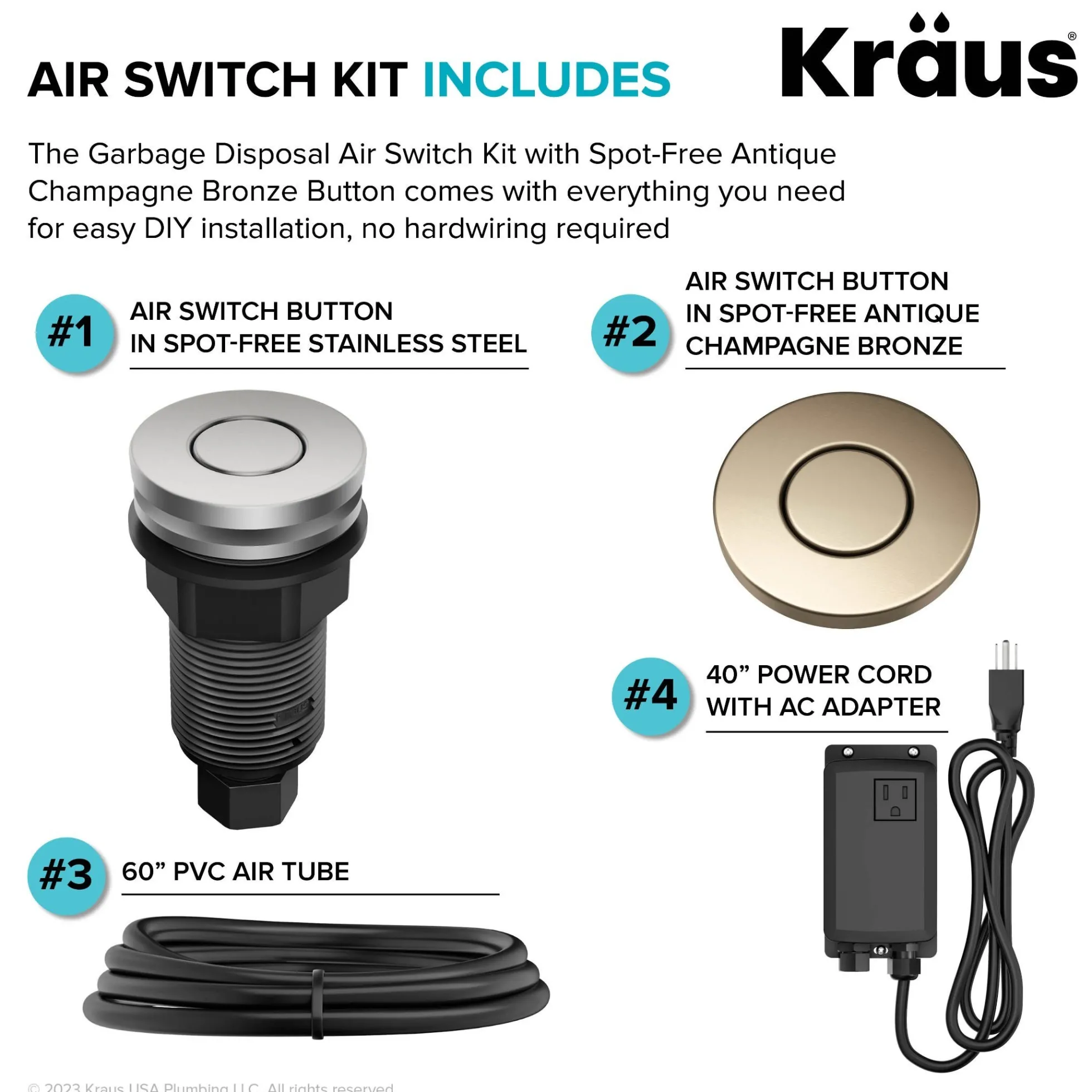 Garbage Disposal Air Switch Kit with 2 Flat-Top Push Buttons in Spot-Free Stainless Steel and Spot-Free Antique Champagne Bronze, AC Adapter, Power Cord, and Air Tube Included
