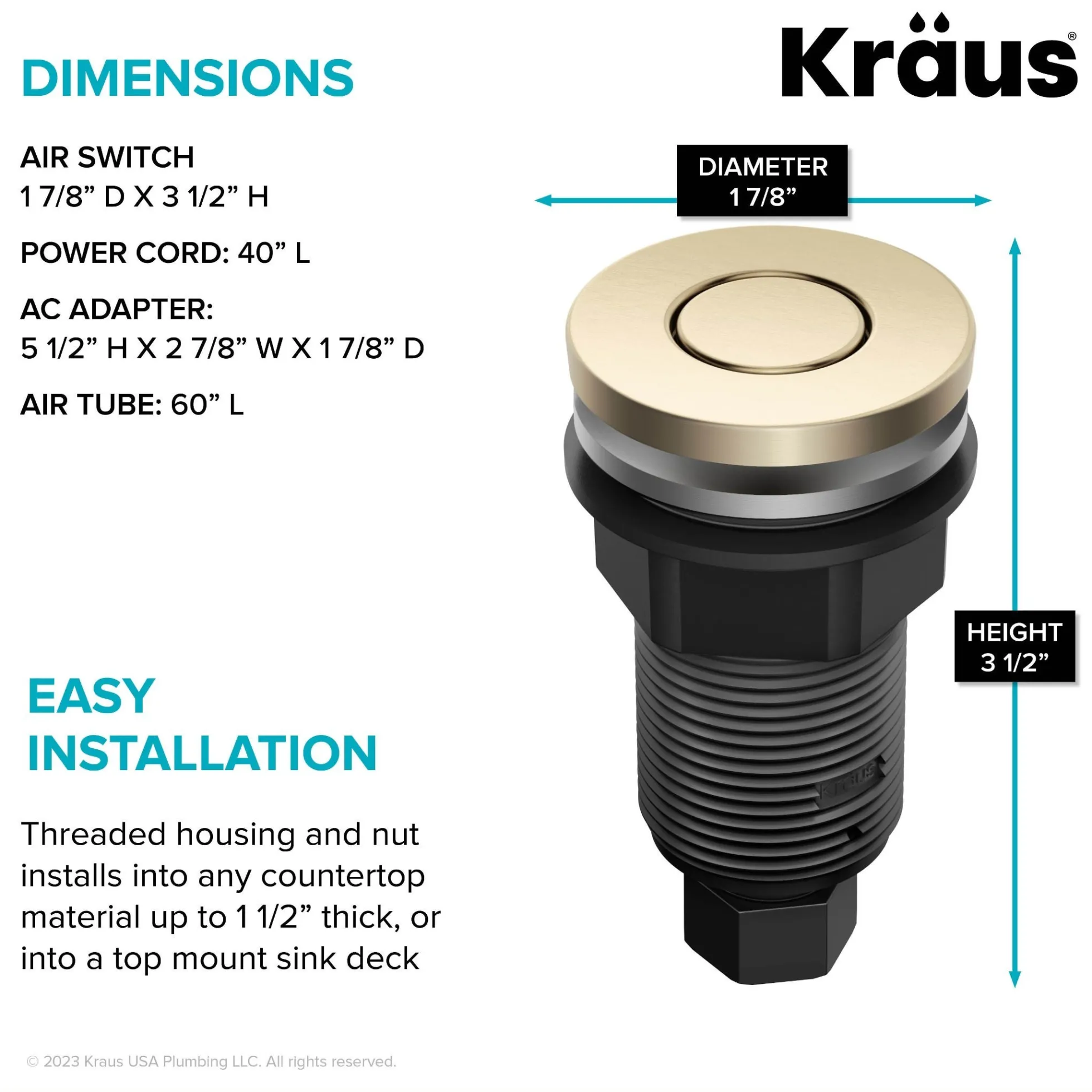 Garbage Disposal Air Switch Kit with 2 Flat-Top Push Buttons in Spot-Free Stainless Steel and Spot-Free Antique Champagne Bronze, AC Adapter, Power Cord, and Air Tube Included
