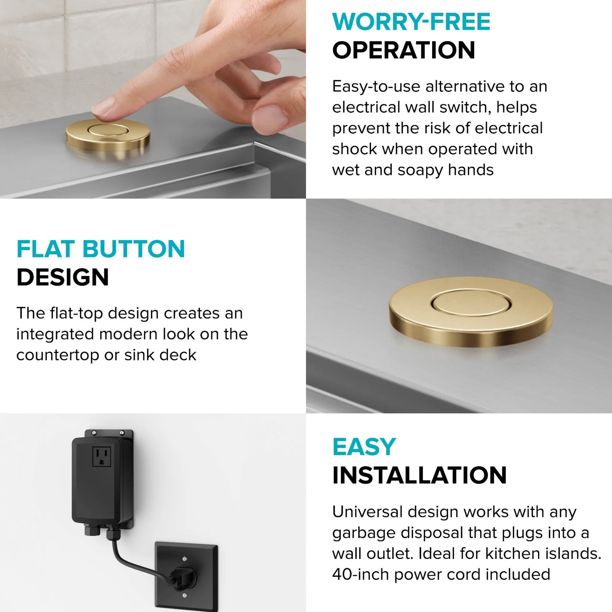 Garbage Disposal Air Switch Kit with 2 Flat-Top Push Buttons in Spot-Free Stainless Steel and Brushed Brass, AC Adapter, Power Cord, and Air Tube Included