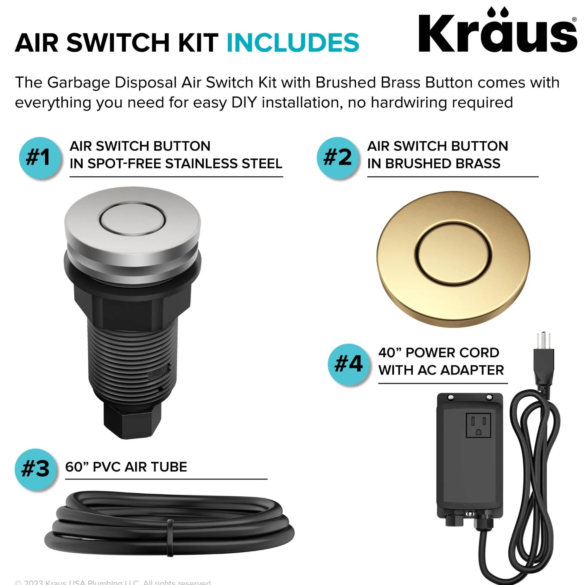 Garbage Disposal Air Switch Kit with 2 Flat-Top Push Buttons in Spot-Free Stainless Steel and Brushed Brass, AC Adapter, Power Cord, and Air Tube Included