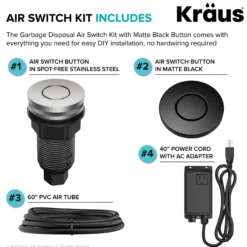Garbage Disposal Air Switch Kit with 2 Flat-Top Push Buttons in Spot-Free Stainless Steel and Matte Black, AC Adapter, Power Cord, and Air Tube Included
