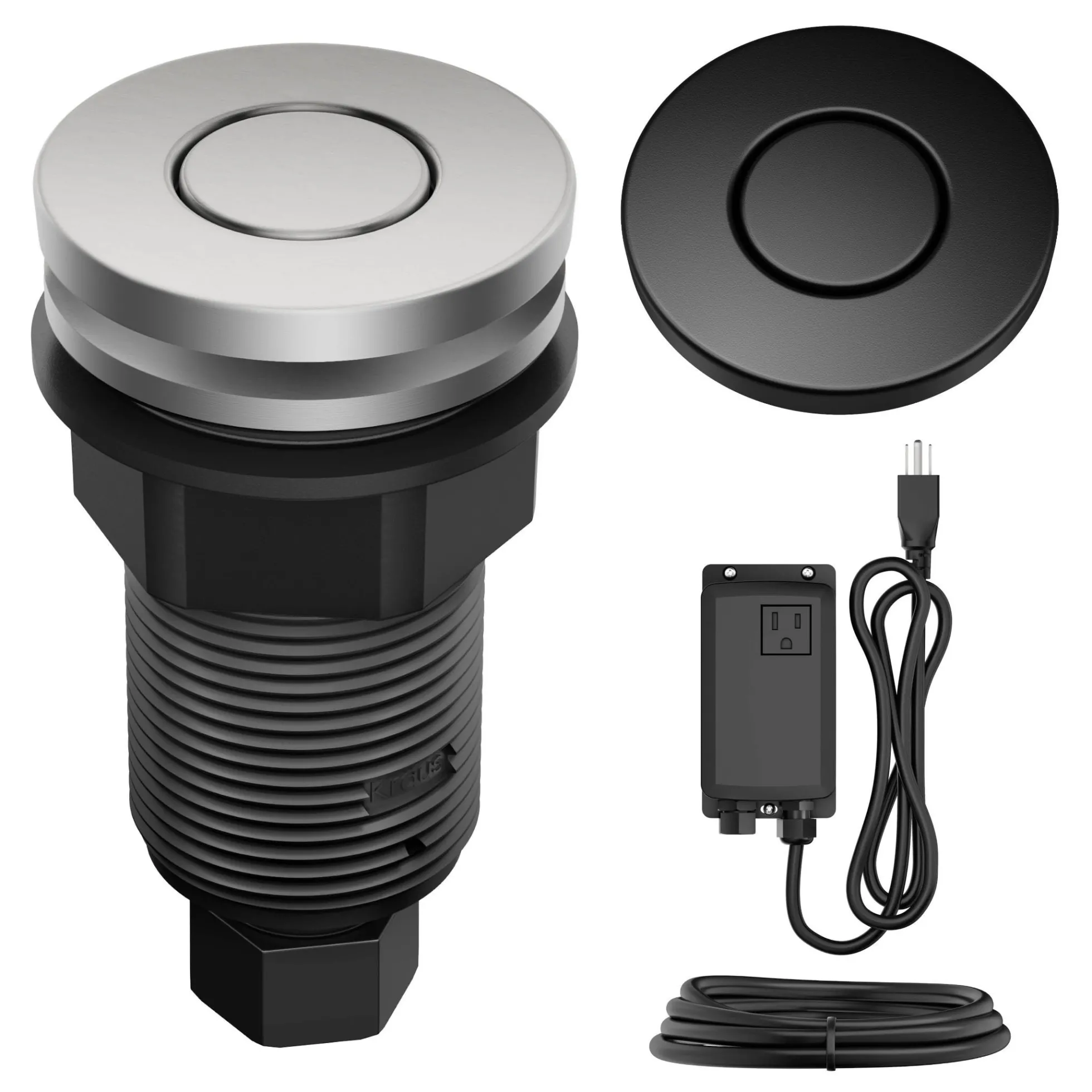 Garbage Disposal Air Switch Kit with 2 Flat-Top Push Buttons in Spot-Free Stainless Steel and Matte Black, AC Adapter, Power Cord, and Air Tube Included