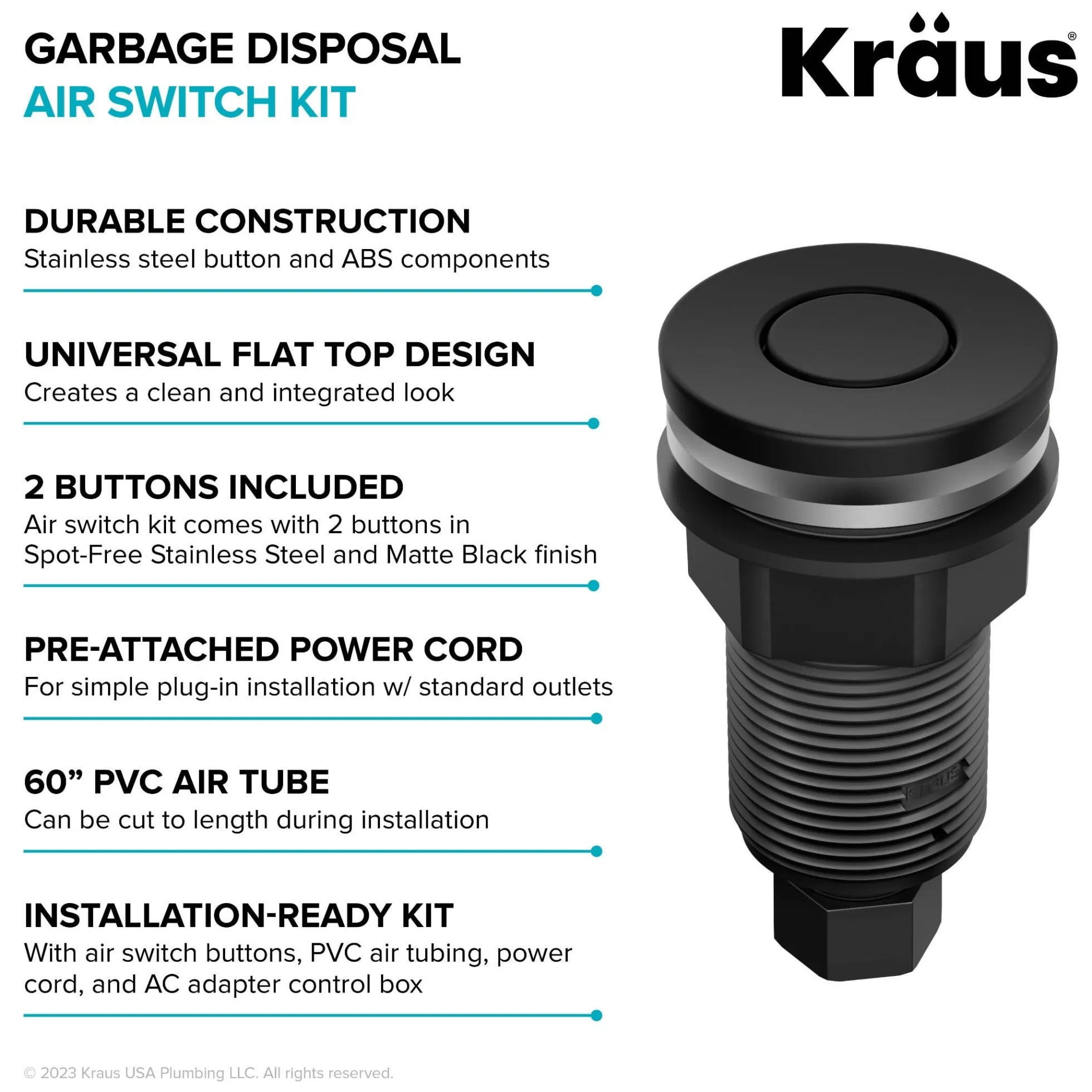 Garbage Disposal Air Switch Kit with 2 Flat-Top Push Buttons in Spot-Free Stainless Steel and Matte Black, AC Adapter, Power Cord, and Air Tube Included