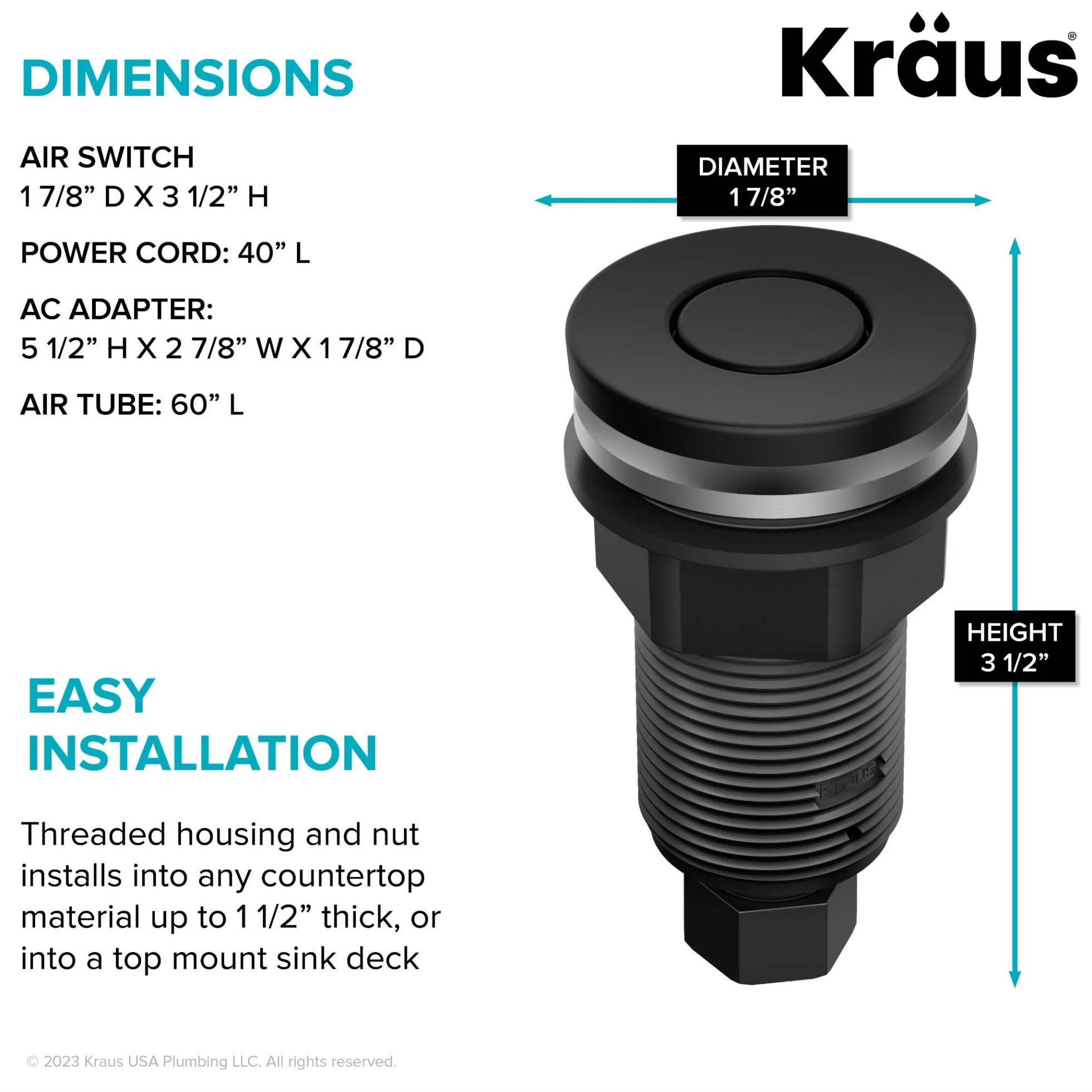 Garbage Disposal Air Switch Kit with 2 Flat-Top Push Buttons in Spot-Free Stainless Steel and Matte Black, AC Adapter, Power Cord, and Air Tube Included