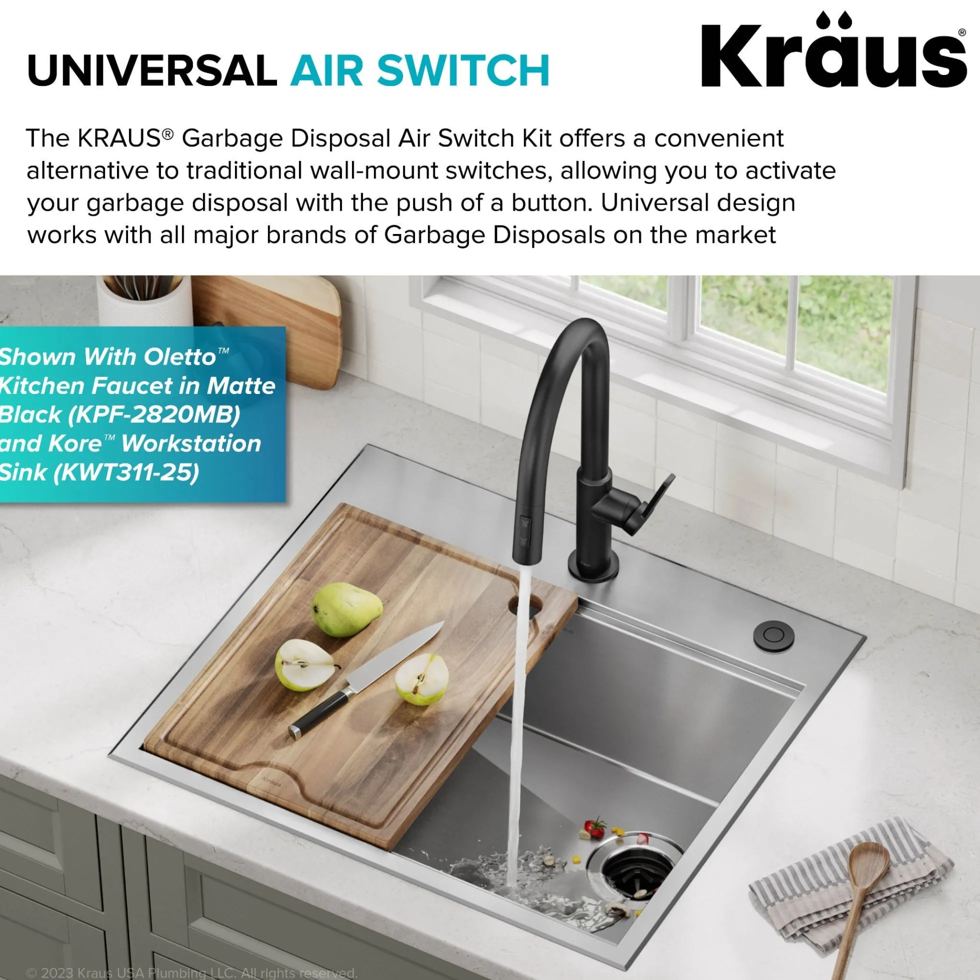 Garbage Disposal Air Switch Kit with 2 Flat-Top Push Buttons in Spot-Free Stainless Steel and Matte Black, AC Adapter, Power Cord, and Air Tube Included