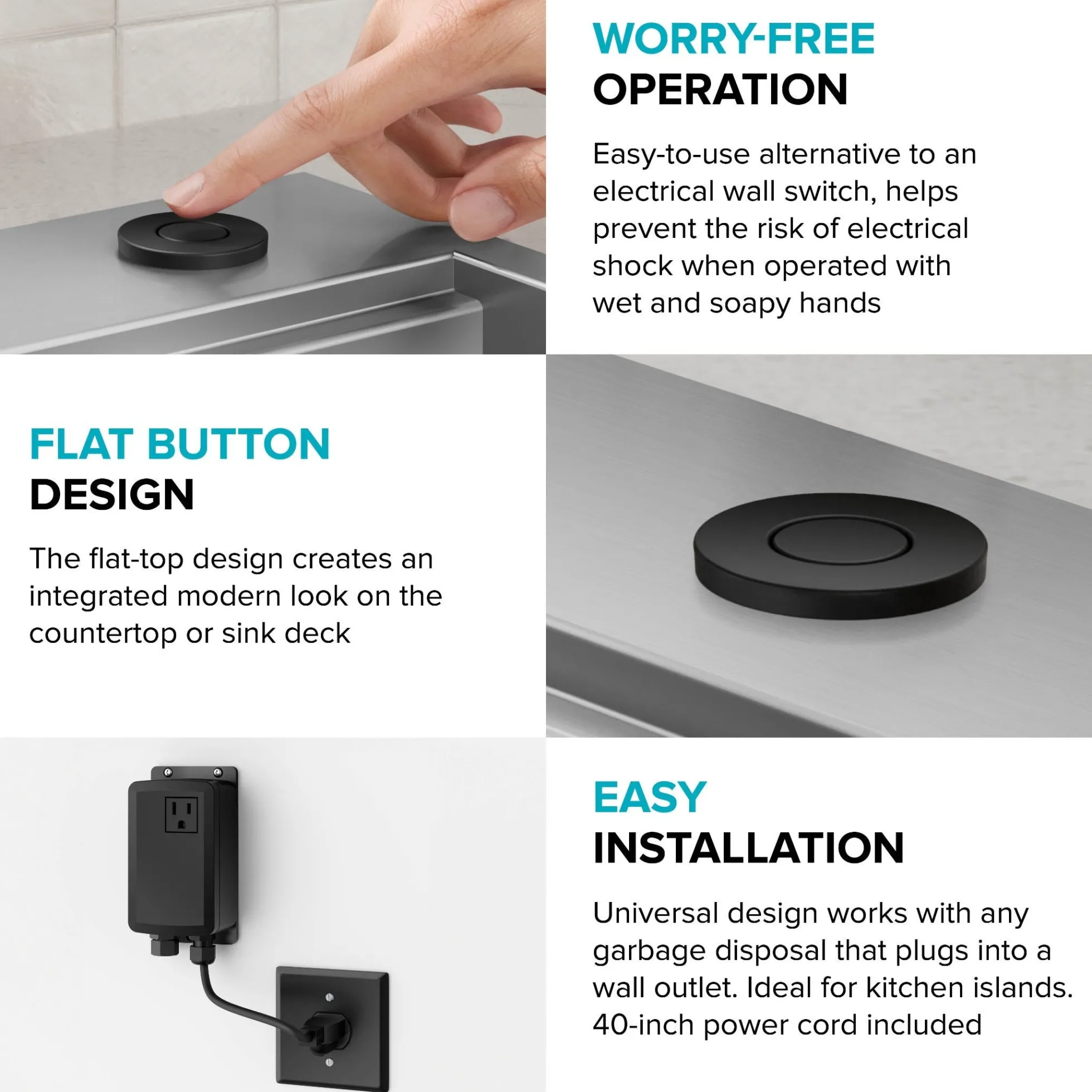 Garbage Disposal Air Switch Kit with 2 Flat-Top Push Buttons in Spot-Free Stainless Steel and Matte Black, AC Adapter, Power Cord, and Air Tube Included