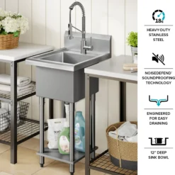 19” 18-Gauge Stainless Steel Single Bowl Freestanding Commercial Style Laundry Utility Sink