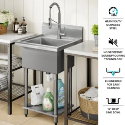 24” 18-Gauge Stainless Steel Single Bowl Freestanding Commercial Style Laundry Utility Sink