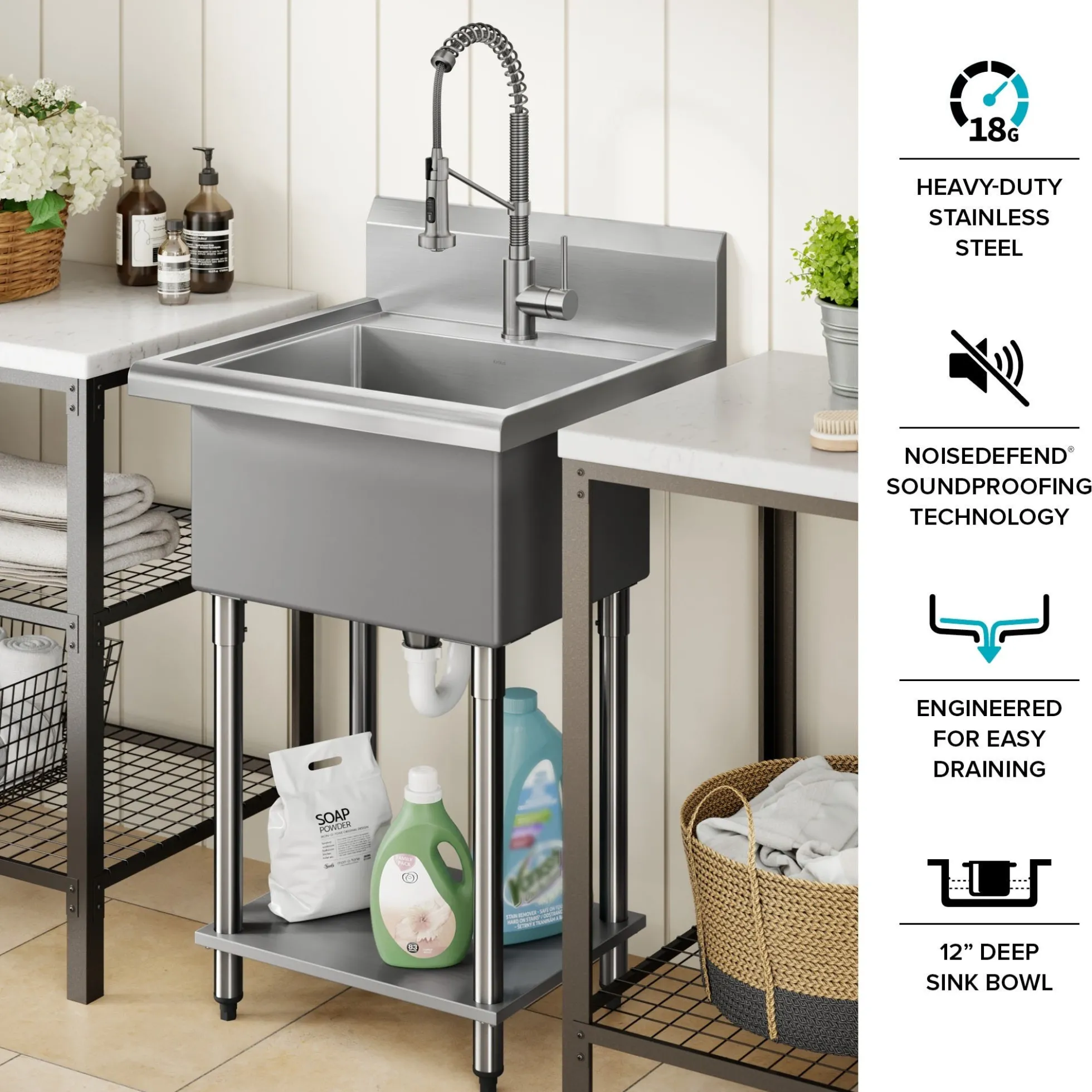 24” 18-Gauge Stainless Steel Single Bowl Freestanding Commercial Style Laundry Utility Sink