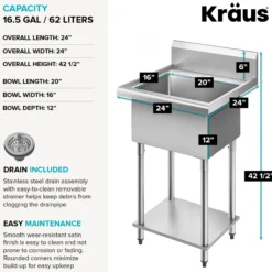 24” 18-Gauge Stainless Steel Single Bowl Freestanding Commercial Style Laundry Utility Sink