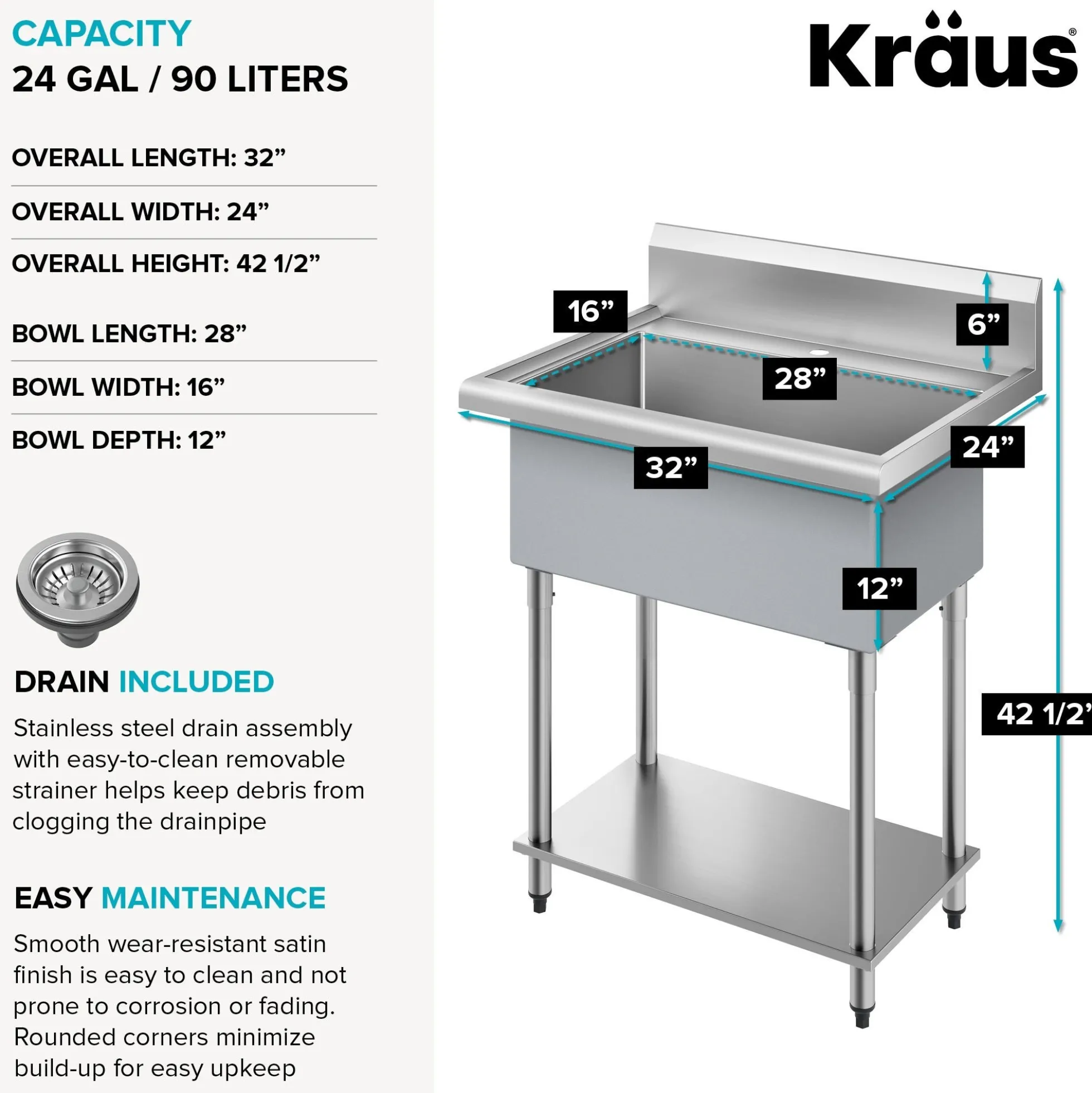 32” 18-Gauge Stainless Steel Single Bowl Freestanding Commercial Style Laundry Utility Sink