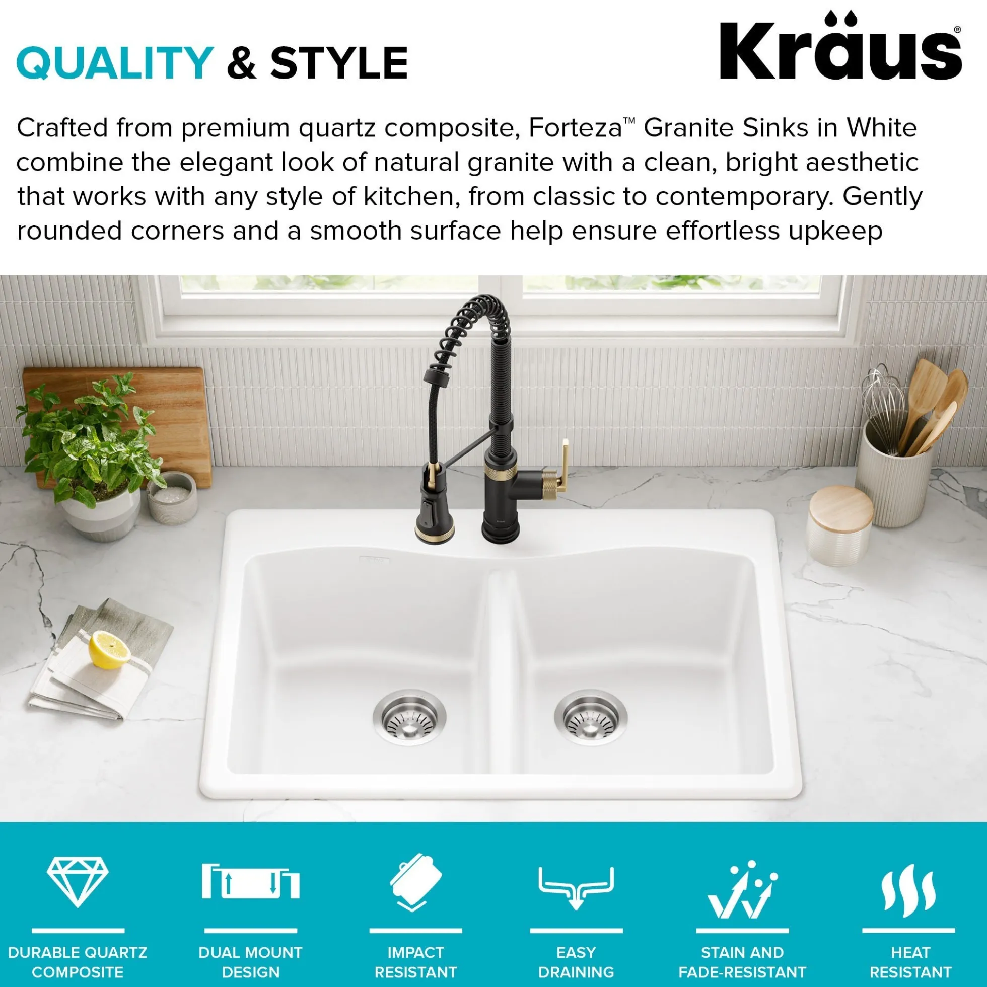 33” Granite Drop In / Undermount 50/50 Double Bowl White Kitchen Sink