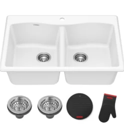 33” Granite Drop In / Undermount 50/50 Double Bowl White Kitchen Sink