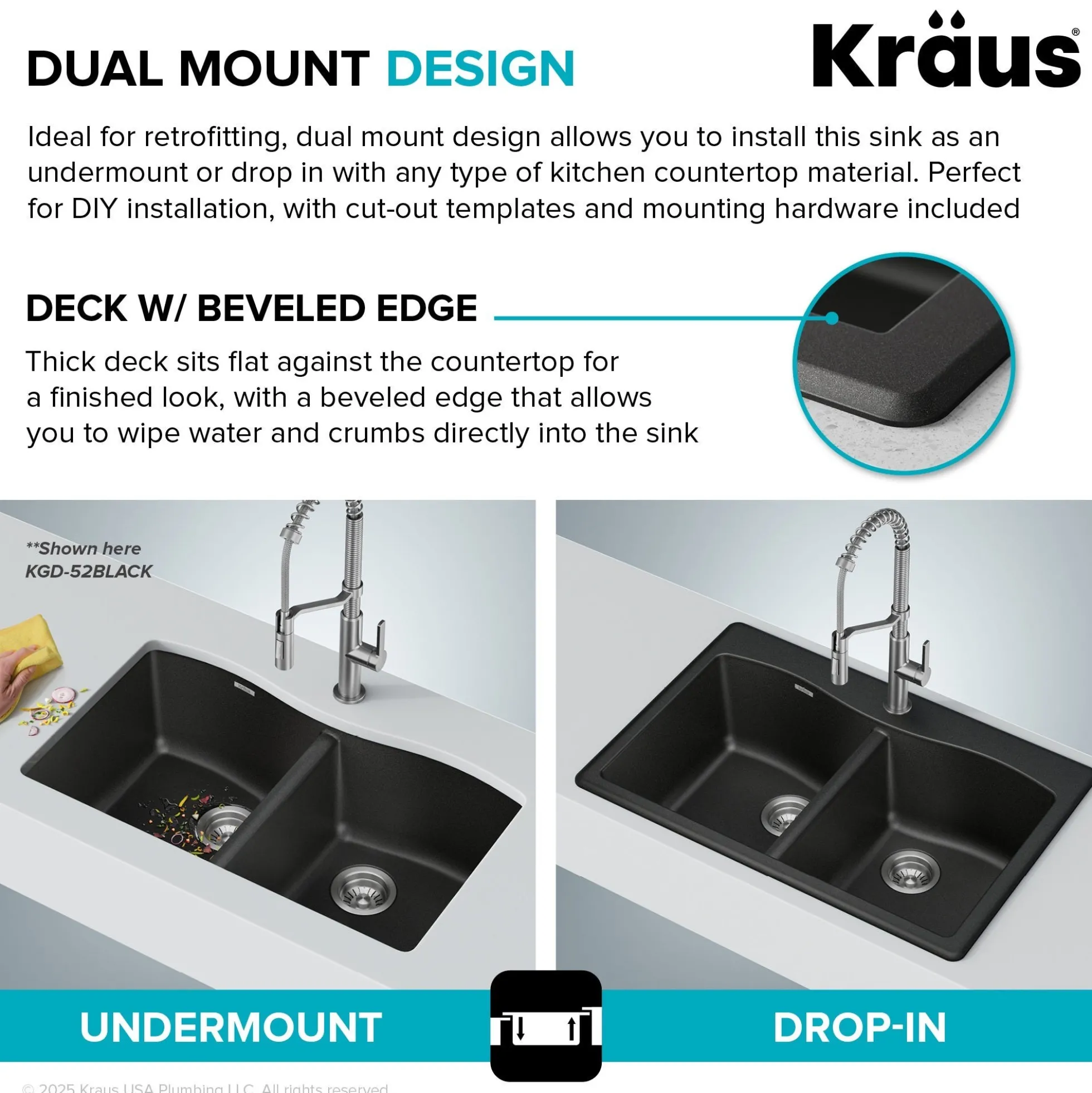 33” Granite Drop In / Undermount 50/50 Double Bowl White Kitchen Sink