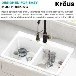 33” Granite Drop In / Undermount 50/50 Double Bowl White Kitchen Sink