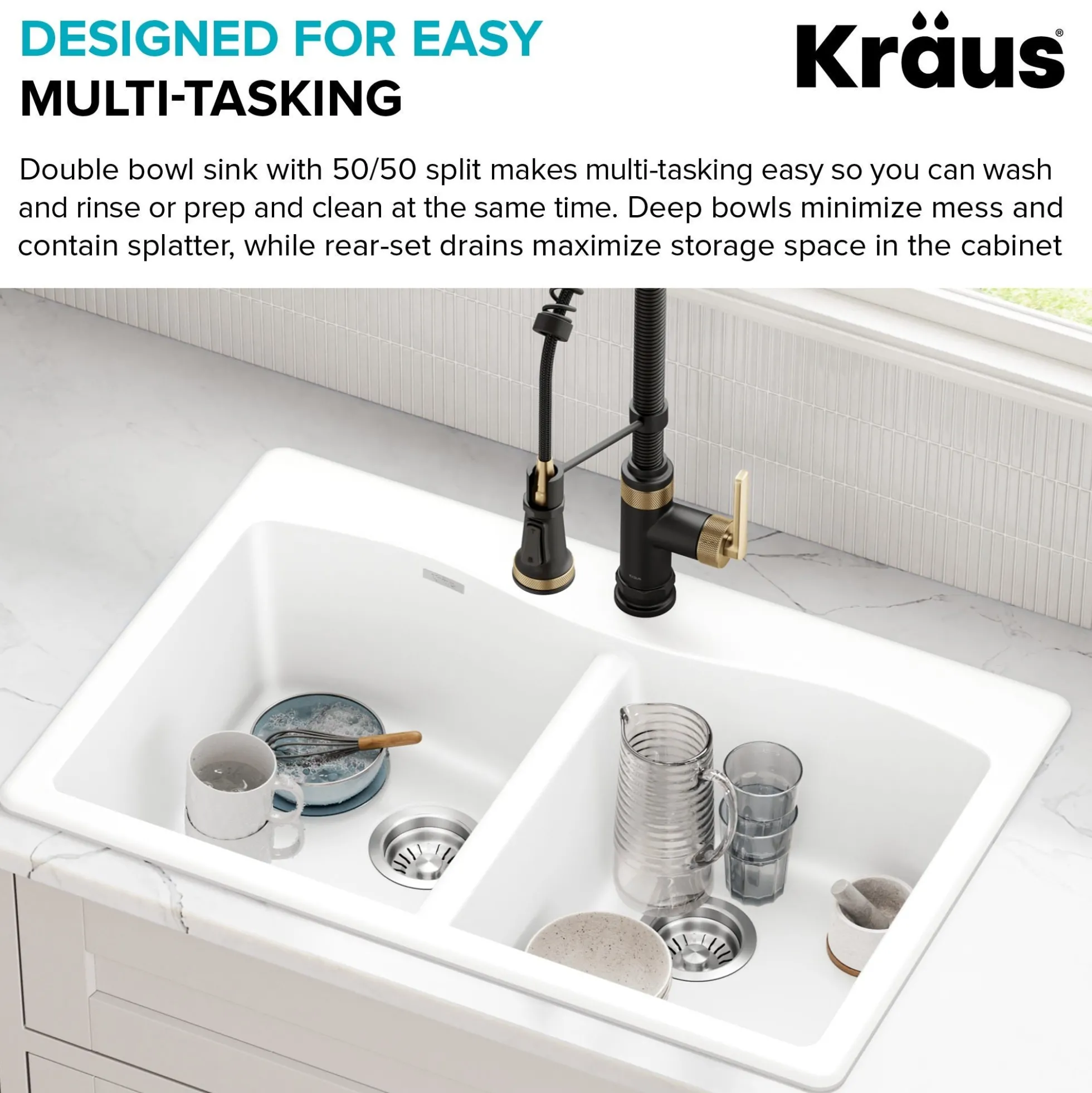 33” Granite Drop In / Undermount 50/50 Double Bowl White Kitchen Sink