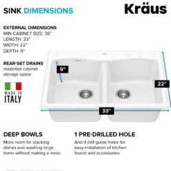 33” Granite Drop In / Undermount 50/50 Double Bowl White Kitchen Sink