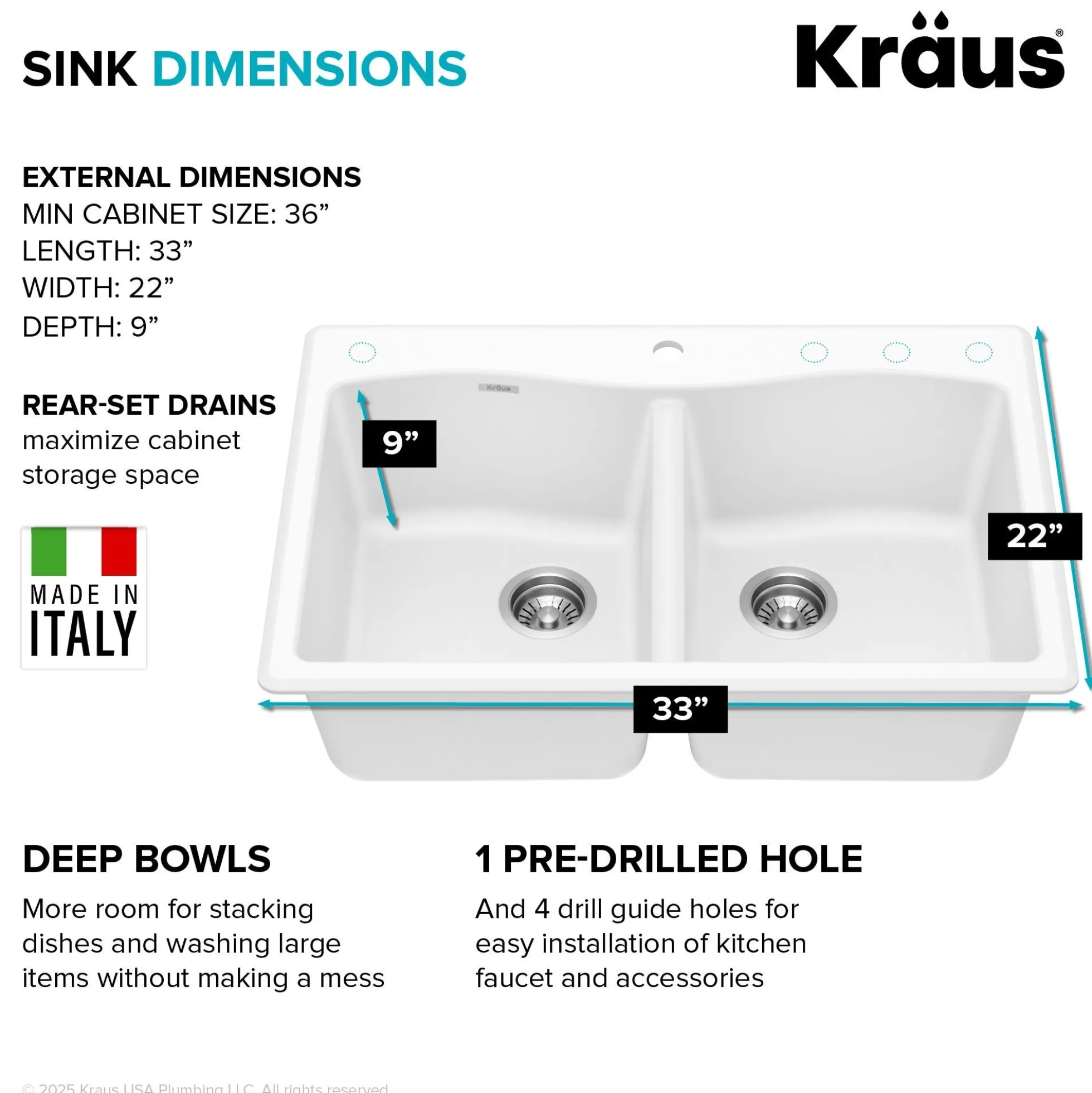 33” Granite Drop In / Undermount 50/50 Double Bowl White Kitchen Sink