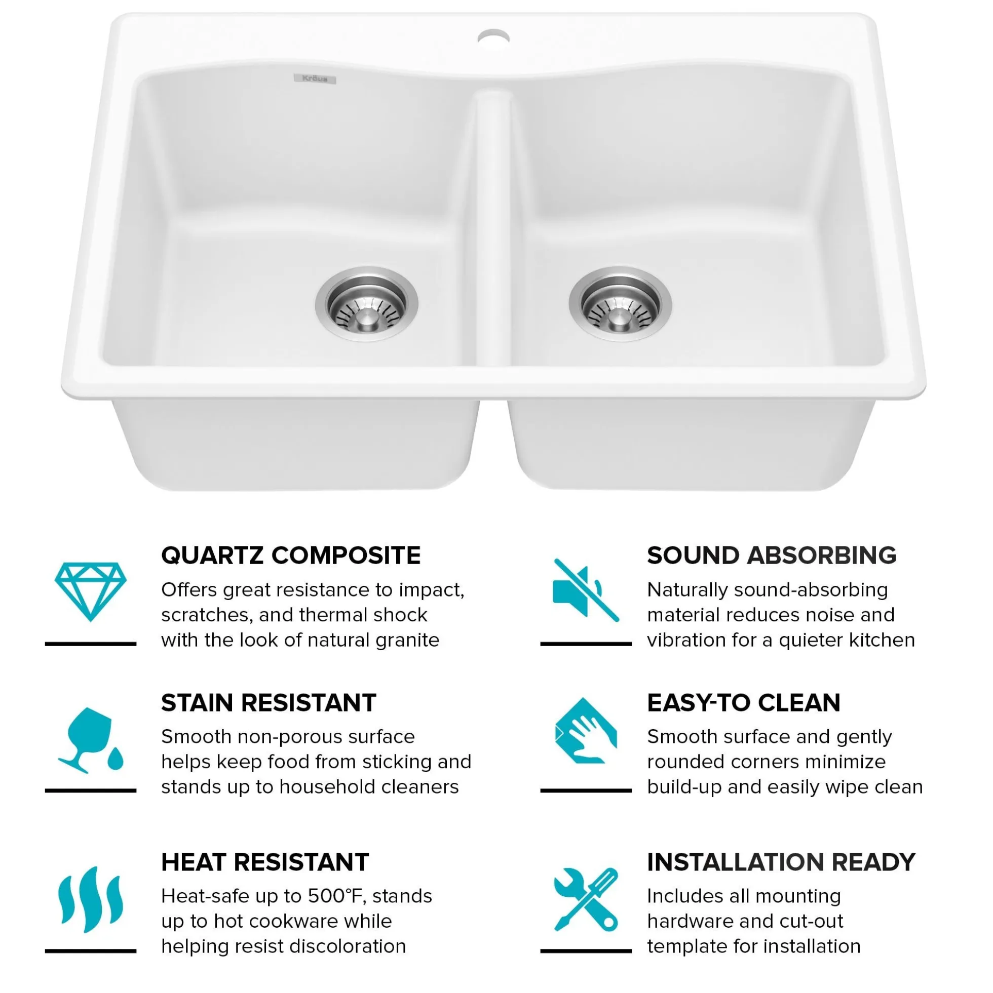 33” Granite Drop In / Undermount 50/50 Double Bowl White Kitchen Sink