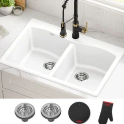 33” Granite Drop In / Undermount 50/50 Double Bowl White Kitchen Sink