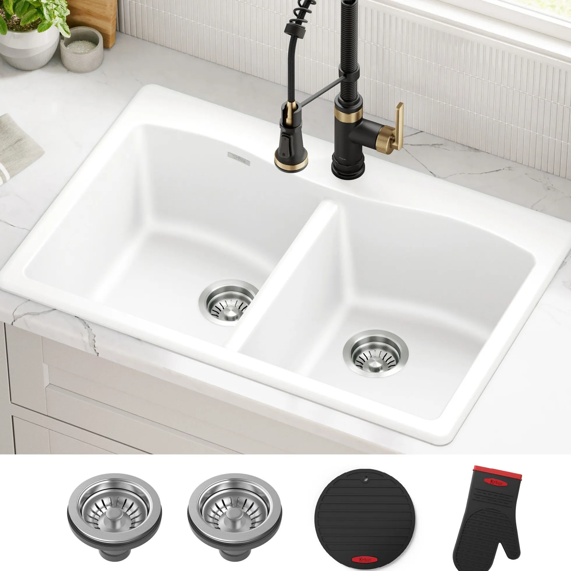 33” Granite Drop In / Undermount 50/50 Double Bowl White Kitchen Sink