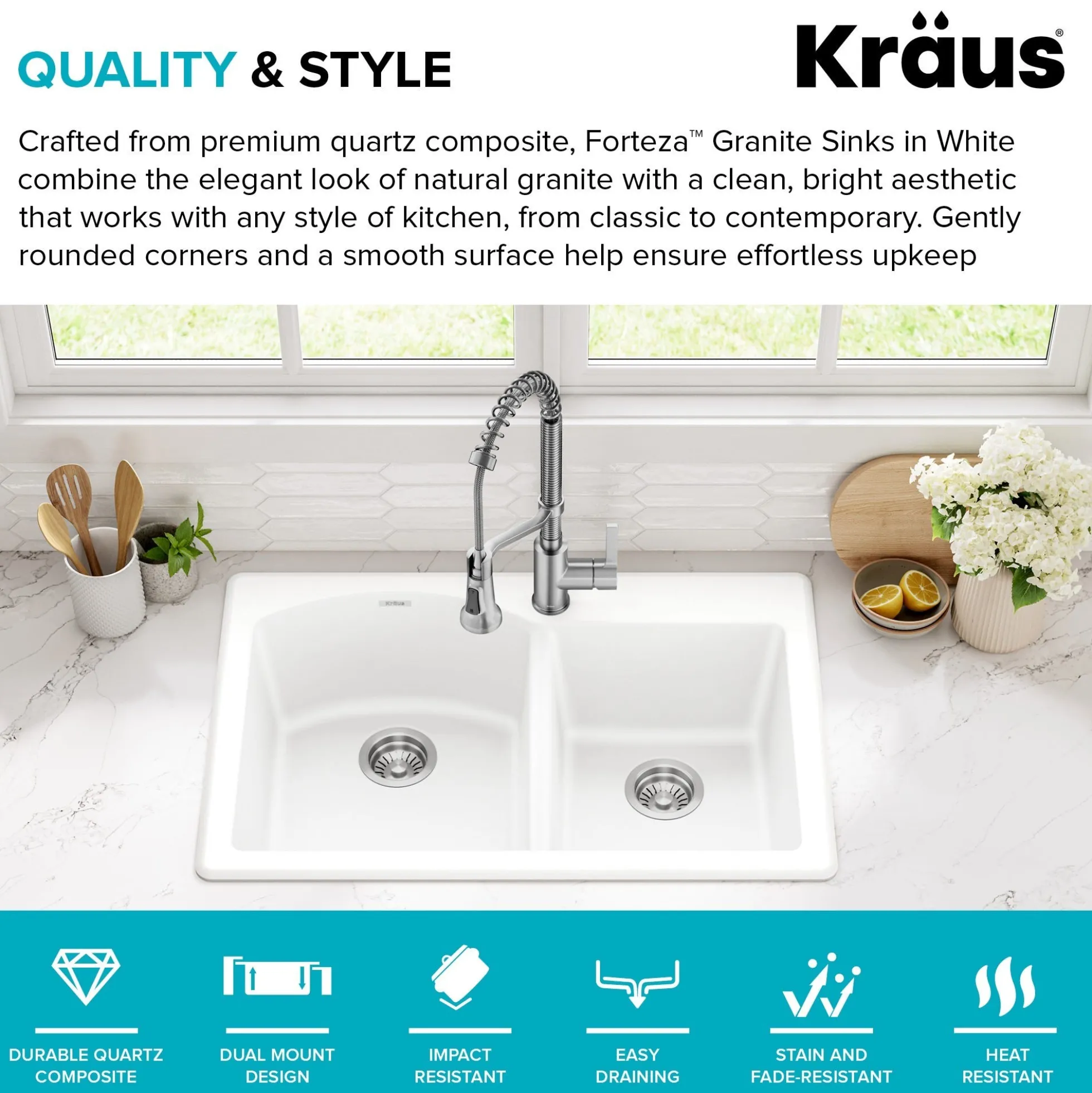 33” Granite Drop In / Undermount 60/40 Double Bowl White Kitchen Sink