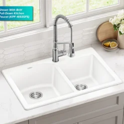 33” Granite Drop In / Undermount 60/40 Double Bowl White Kitchen Sink