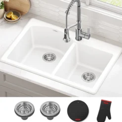 33” Granite Drop In / Undermount 60/40 Double Bowl White Kitchen Sink