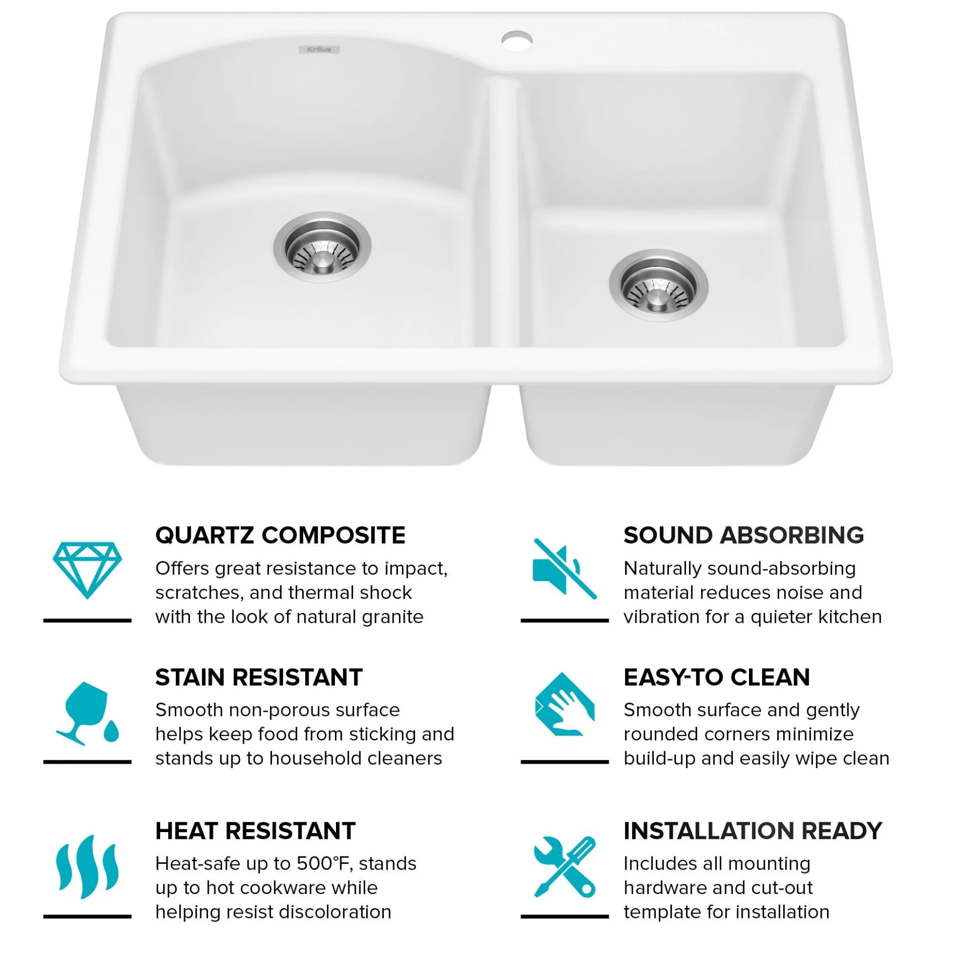 33” Granite Drop In / Undermount 60/40 Double Bowl White Kitchen Sink