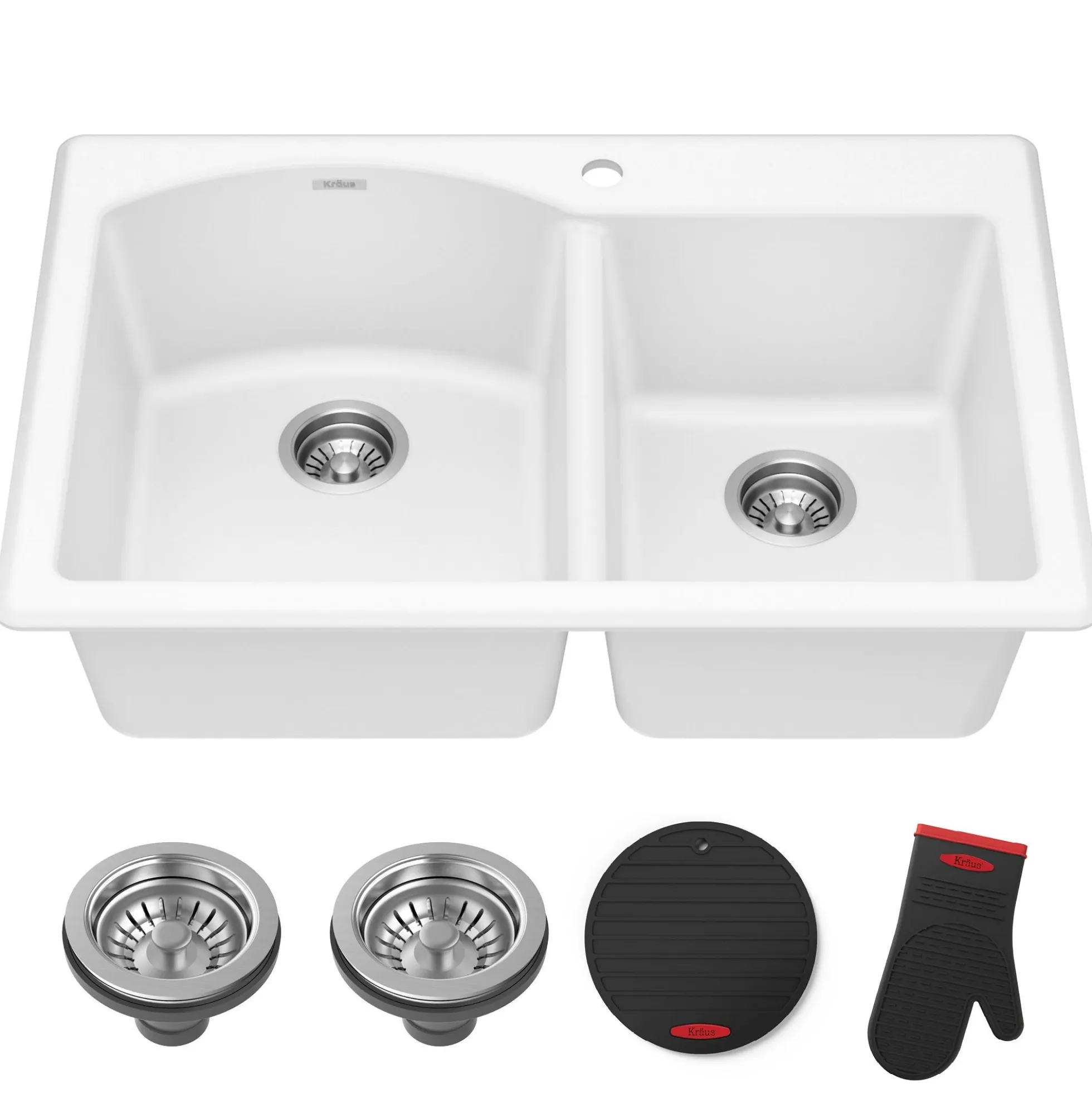 33” Granite Drop In / Undermount 60/40 Double Bowl White Kitchen Sink