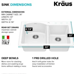 33” Granite Drop In / Undermount 60/40 Double Bowl White Kitchen Sink