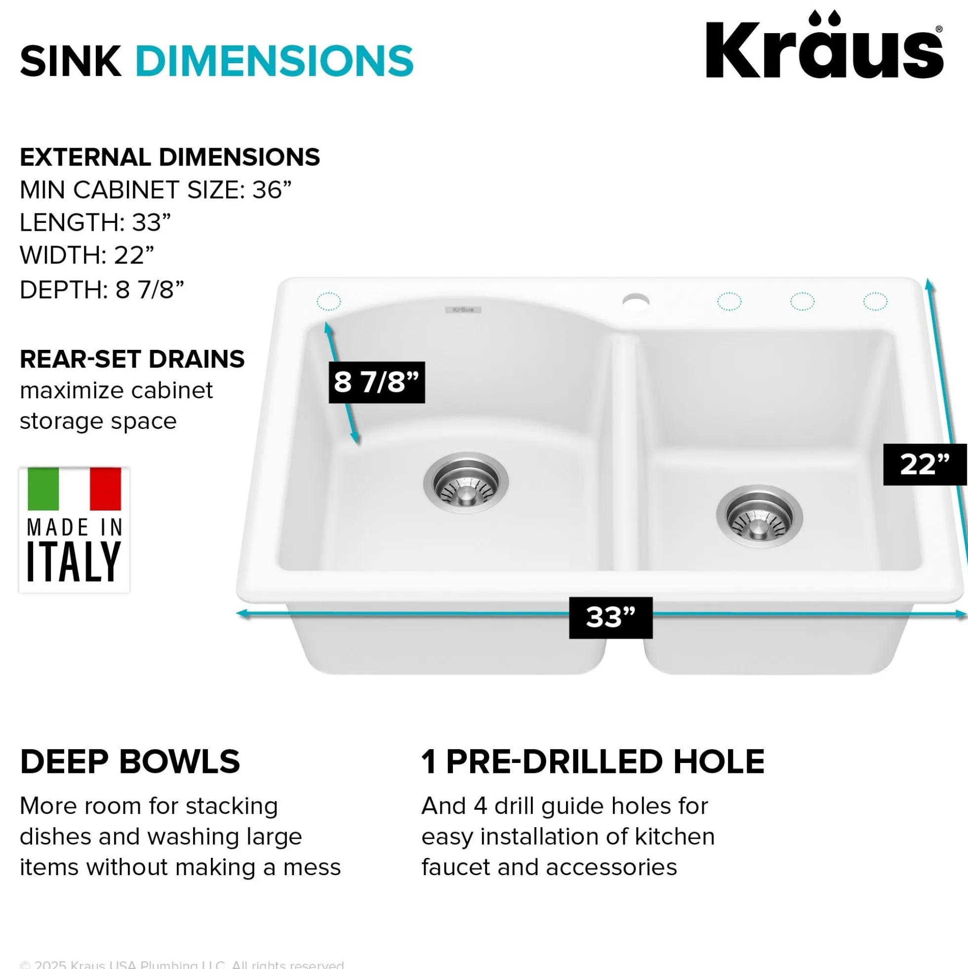 33” Granite Drop In / Undermount 60/40 Double Bowl White Kitchen Sink