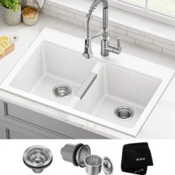 33” Granite Drop In / Undermount 50/50 Double Bowl White Kitchen Sink