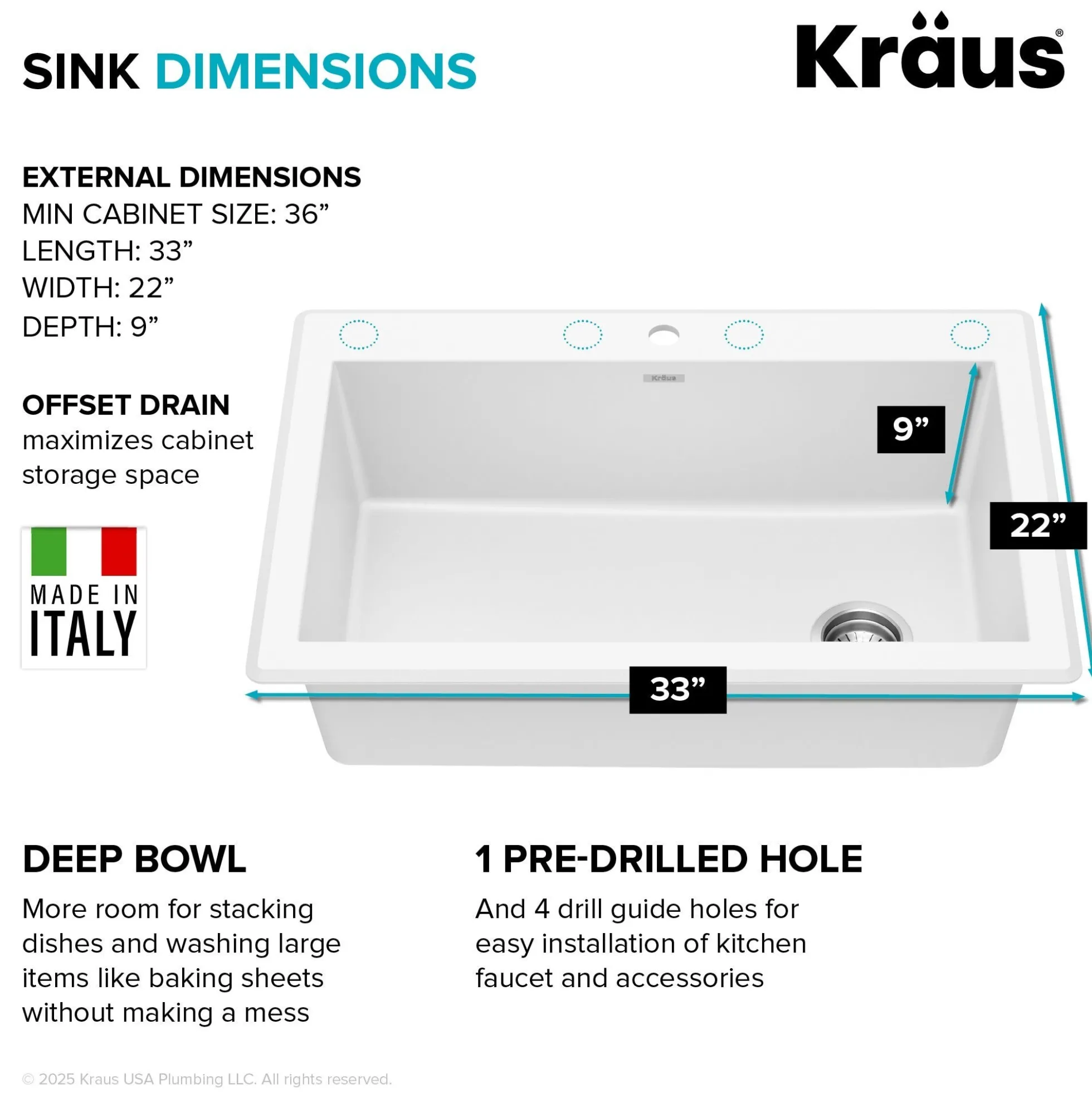 33” Granite Drop In / Undermount Single Bowl White Kitchen Sink